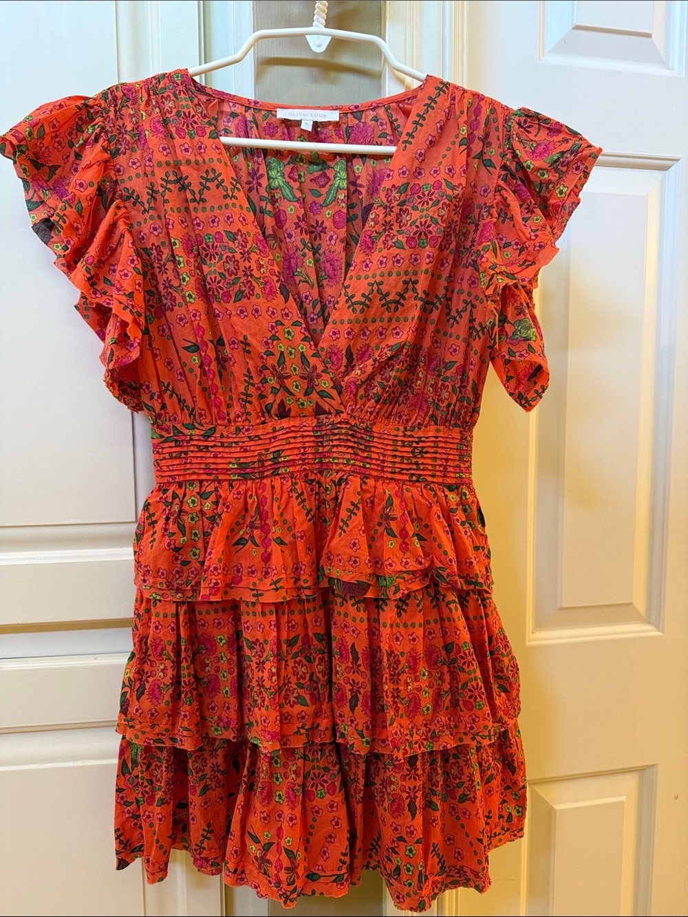 Olivaceous Red-Orange Floral Tiered Ruffle Mini Dress